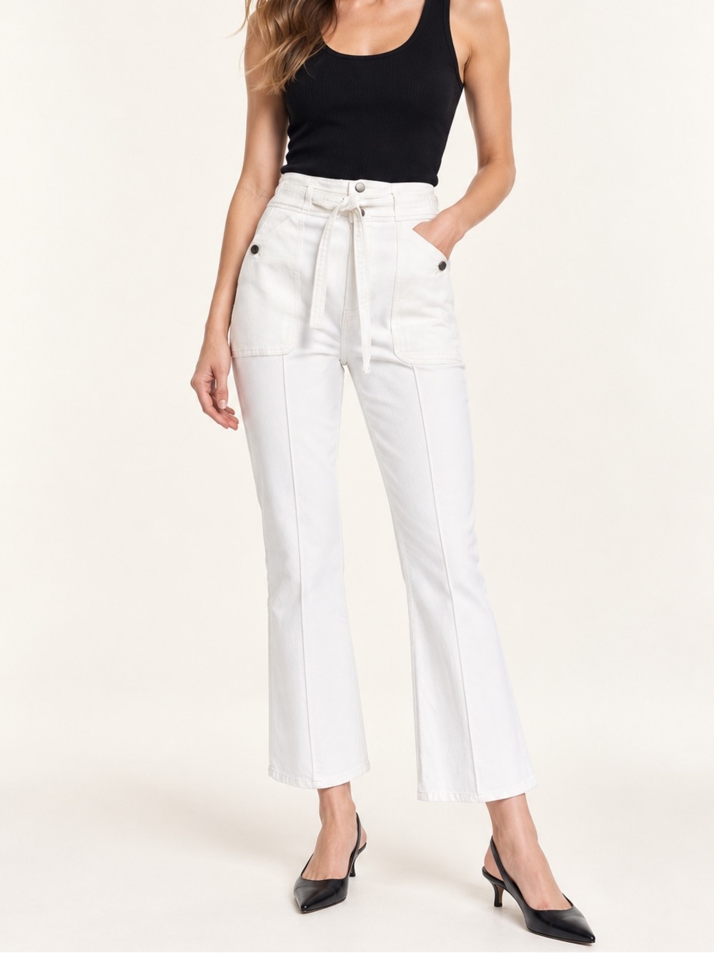 Frame Denim Le Flare Crop White Jeans With Tie Belt Size 28